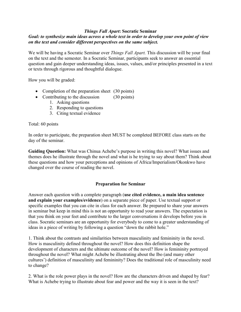 Things Fall Apart Socratic Seminar Goal To Synthesize Main Ideas