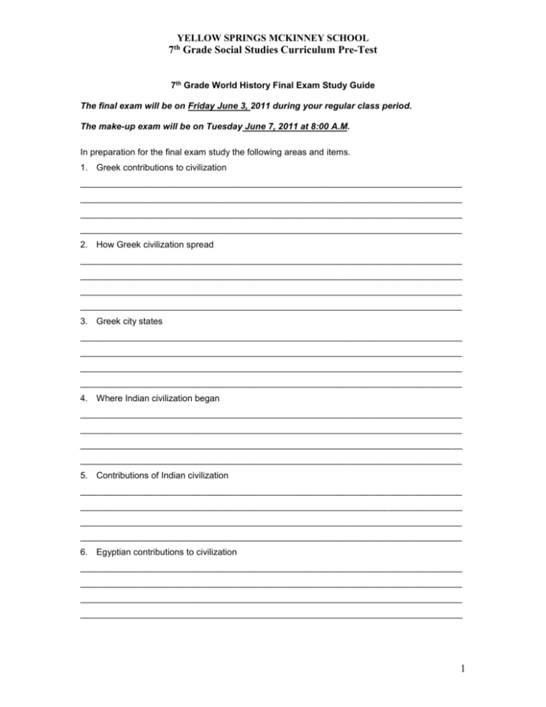 7th Grade World History Final Exam Study Guide 7th Grade World History Final Exam Study Guide