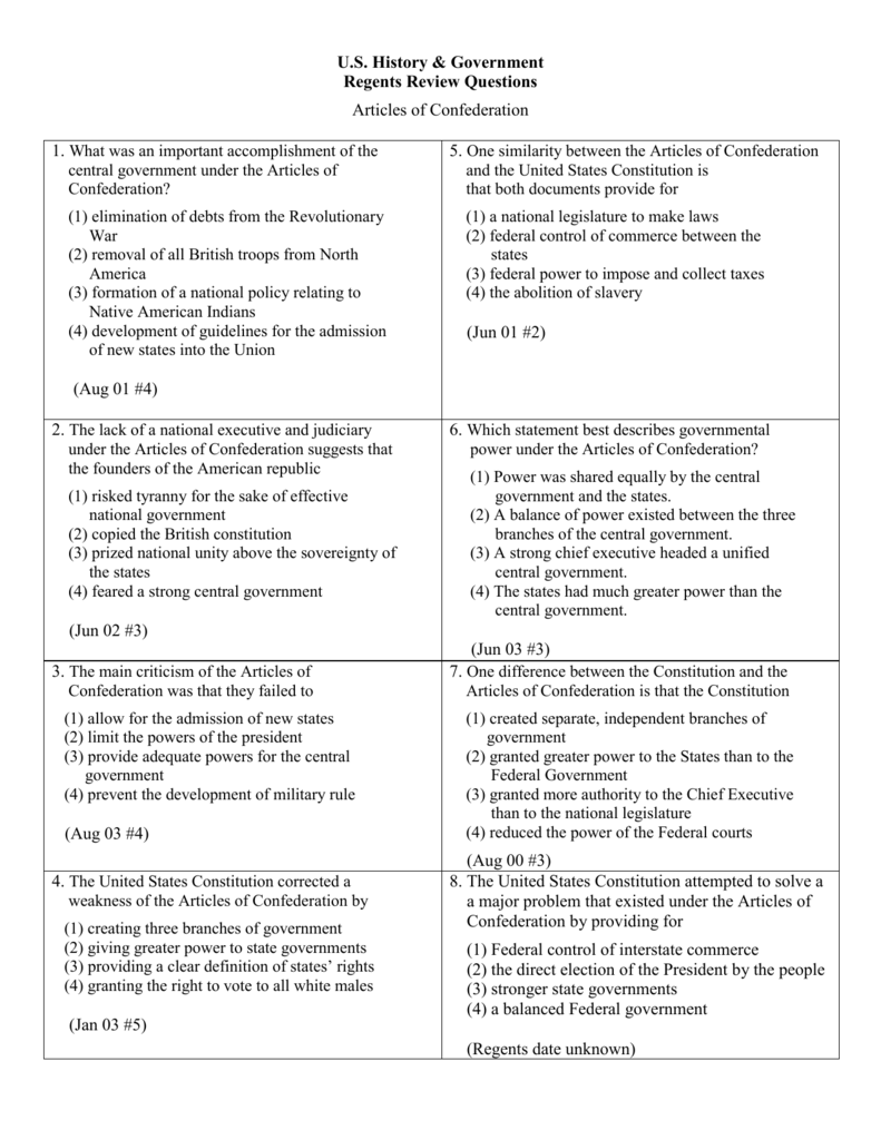 Differences Between The Articles Of Confederation And The Constitution Chart