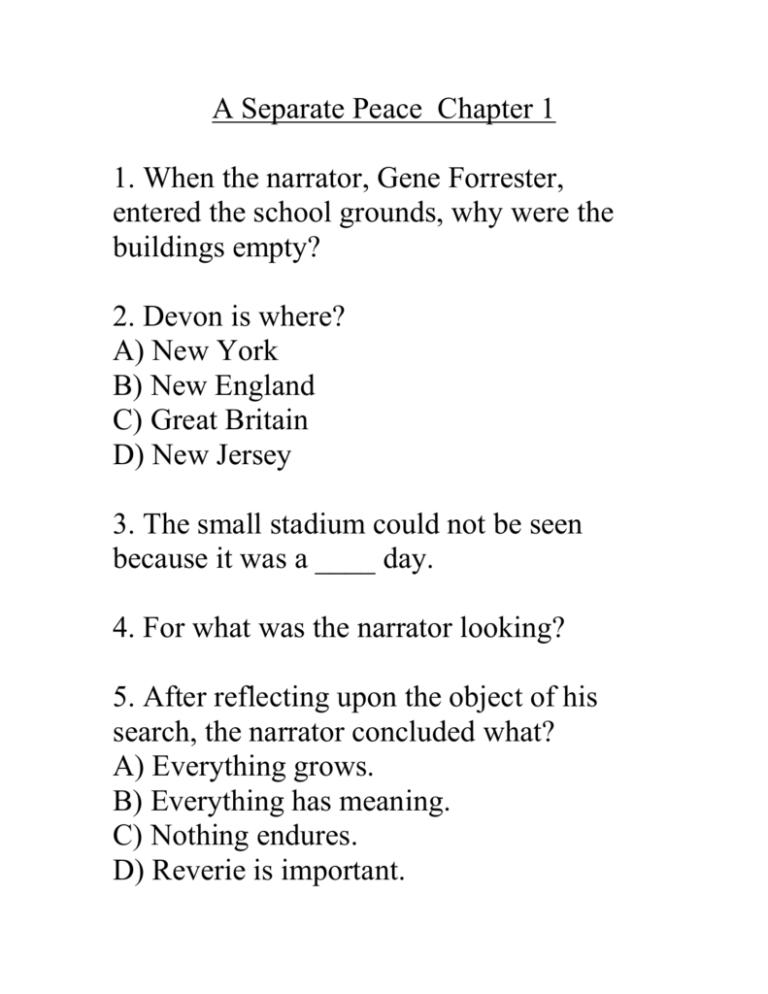 A Separate Peace Chapter 3 And 4 Questions And Answers