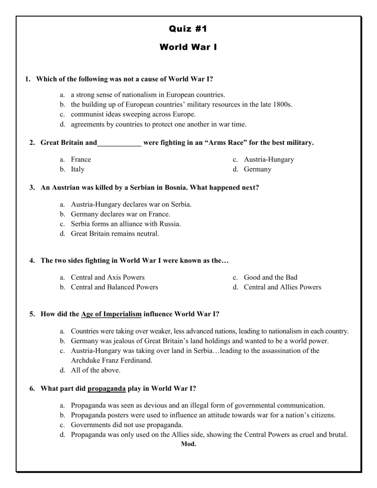 World War 1 Quiz