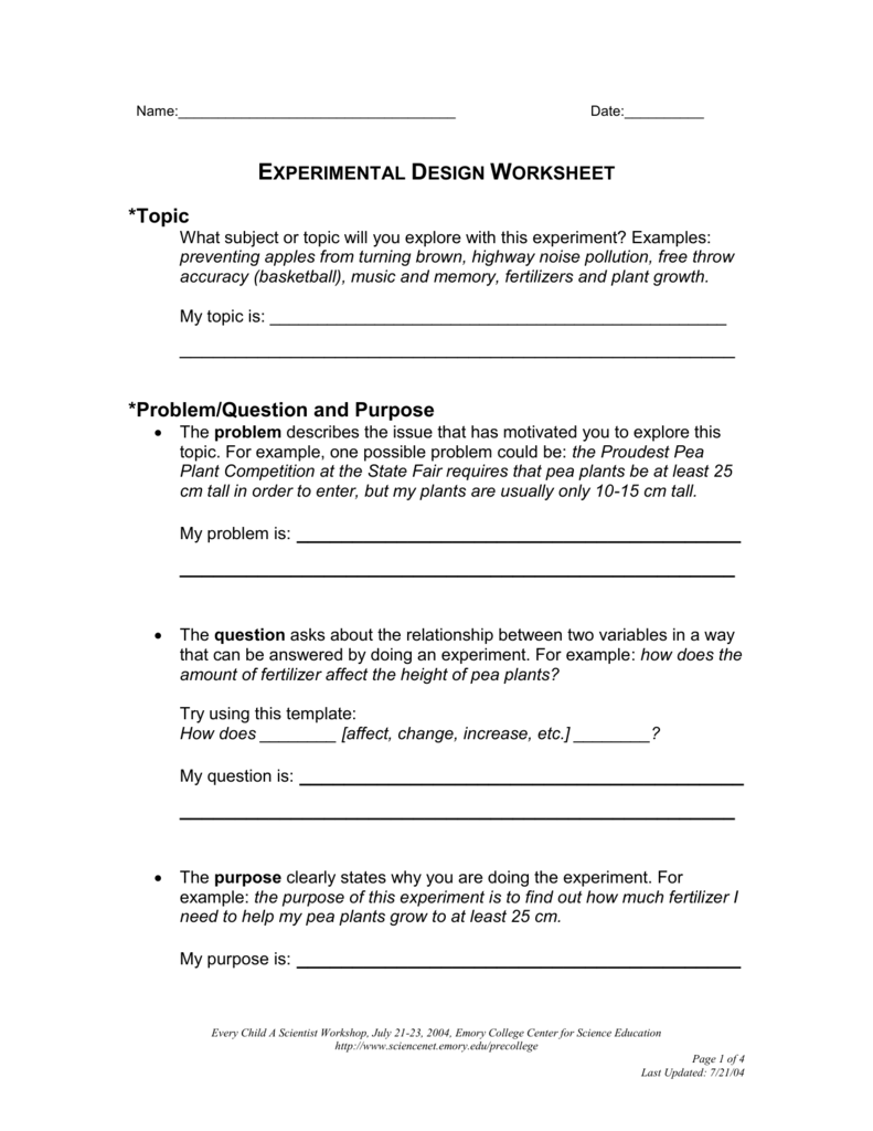 Experimental Design Worksheet Answers