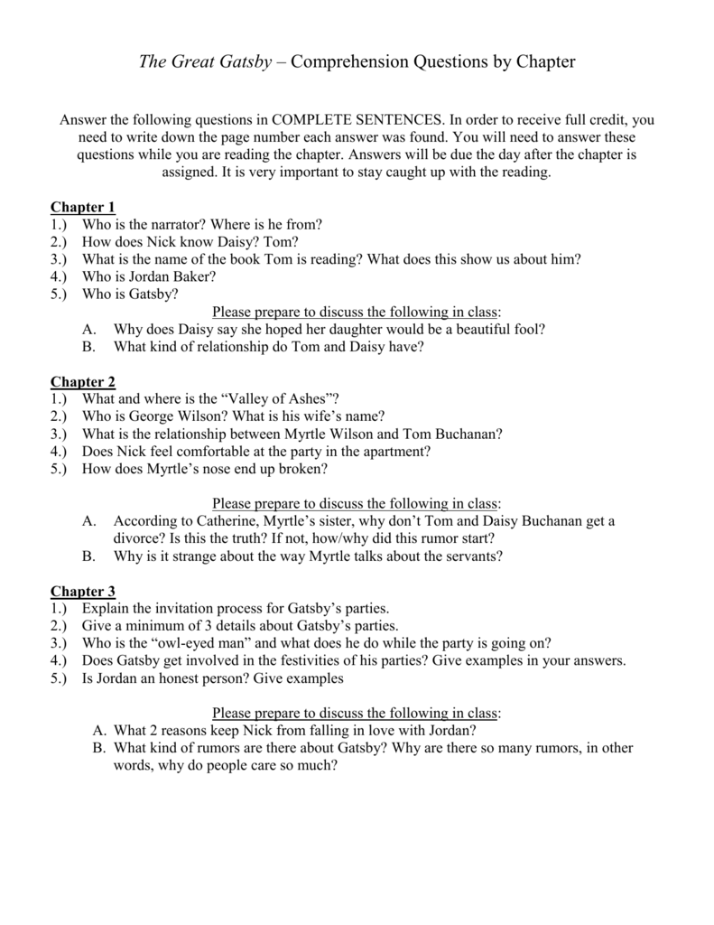 The great gatsby comprehension questions answers