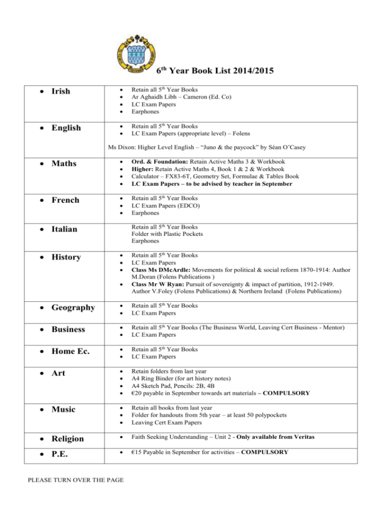 6th Year Booklist
