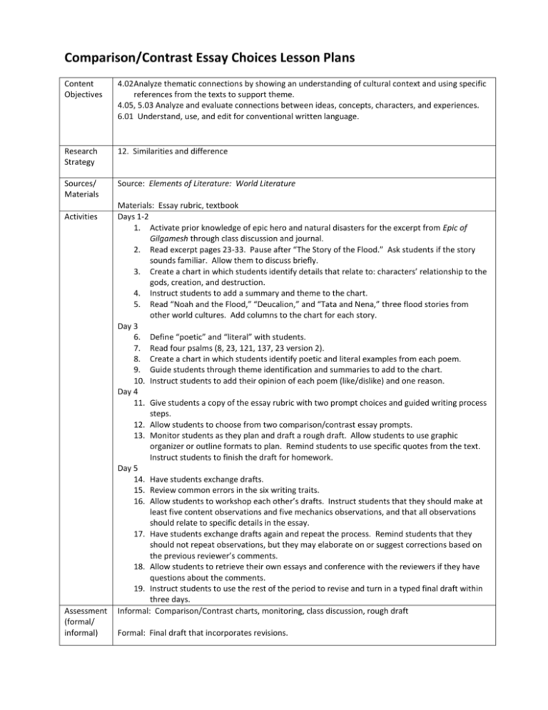 Comparison Contrast Essay Choices Lesson Plans