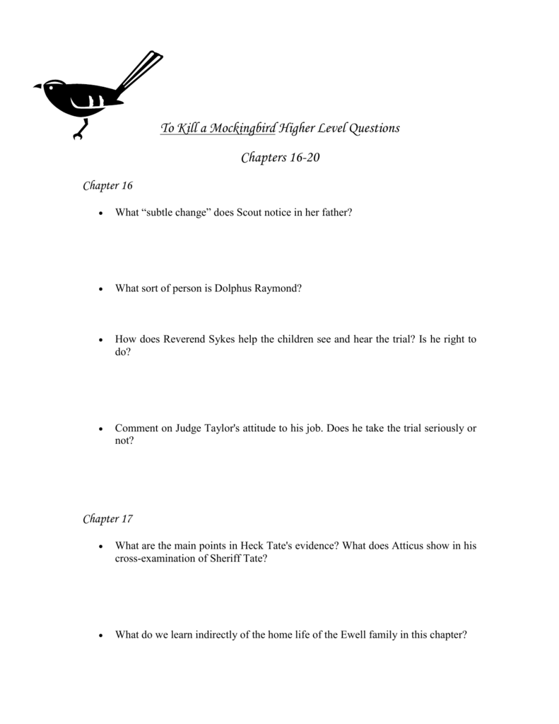 To Kill a Mockingbird Higher Level Questions ch 20 Intended For To Kill A Mockingbird Worksheet