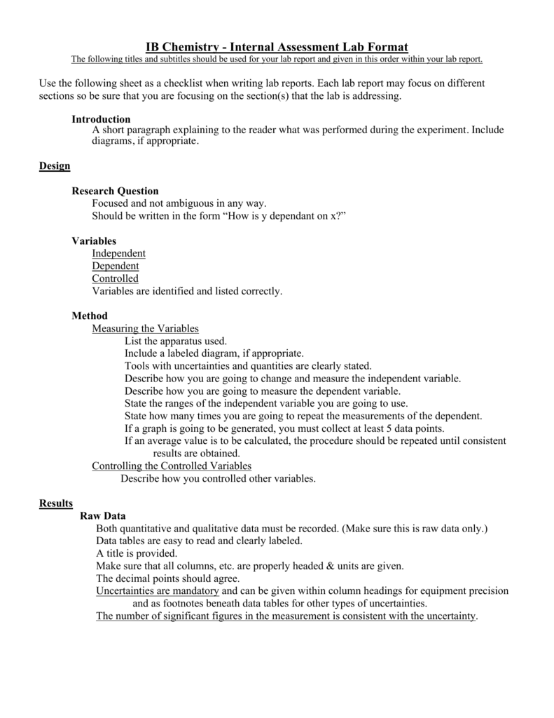 IB Chemistry Internal Assessment Lab Format