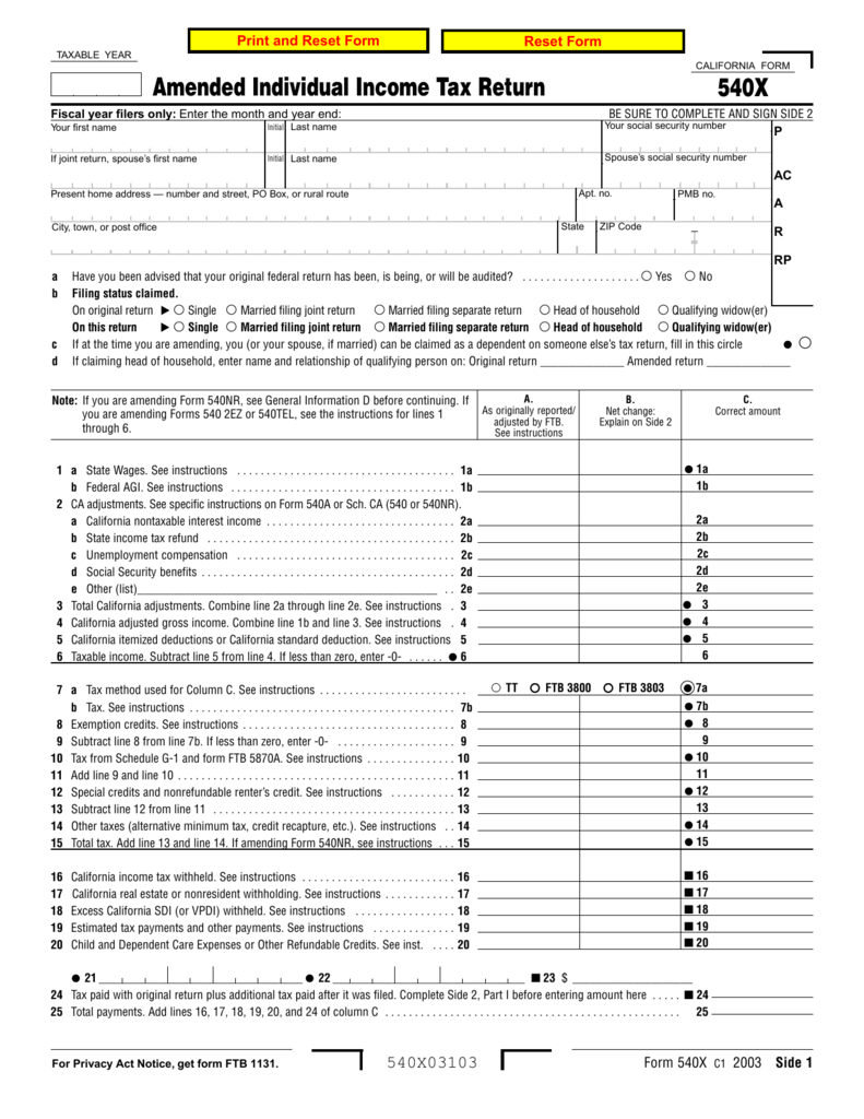 Amended Individual Income Tax Return 540X