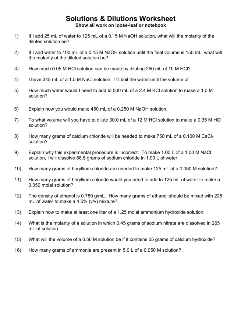 Dilution Problems Worksheet With Answers