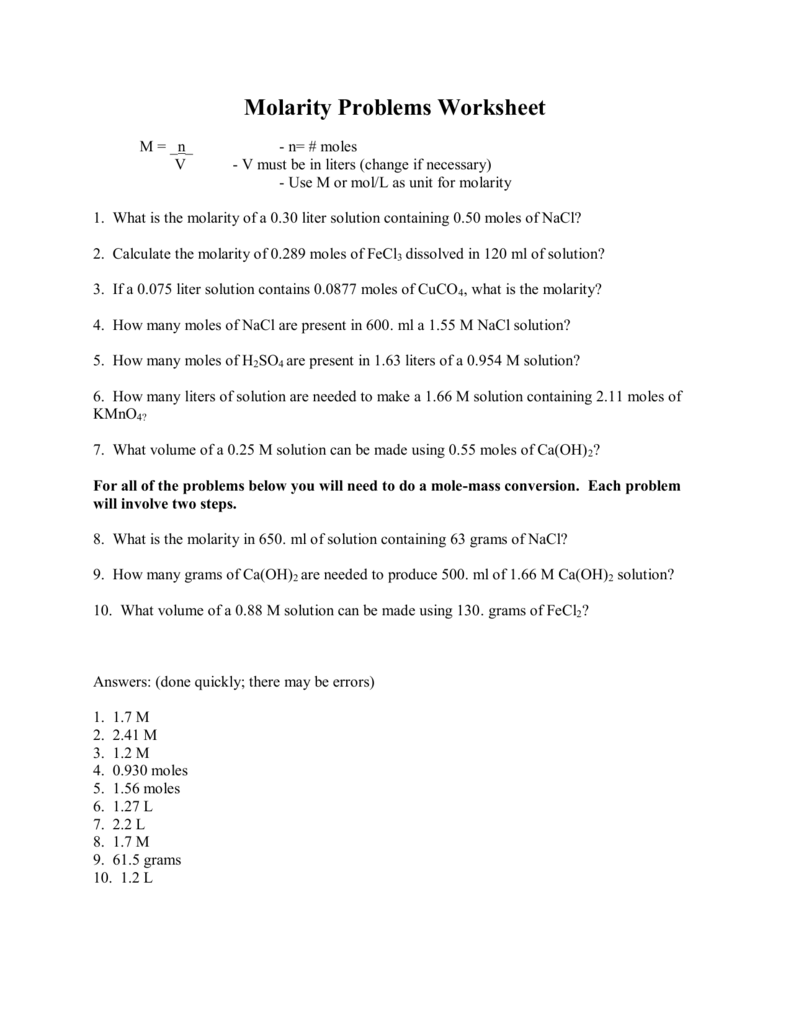 Molarity Problems Worksheet For Molarity Practice Worksheet Answer