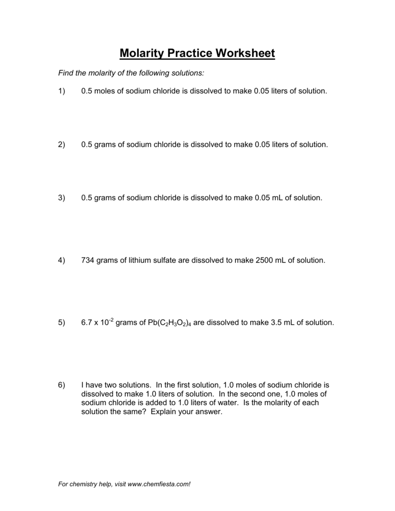 Molarity Practice Worksheet