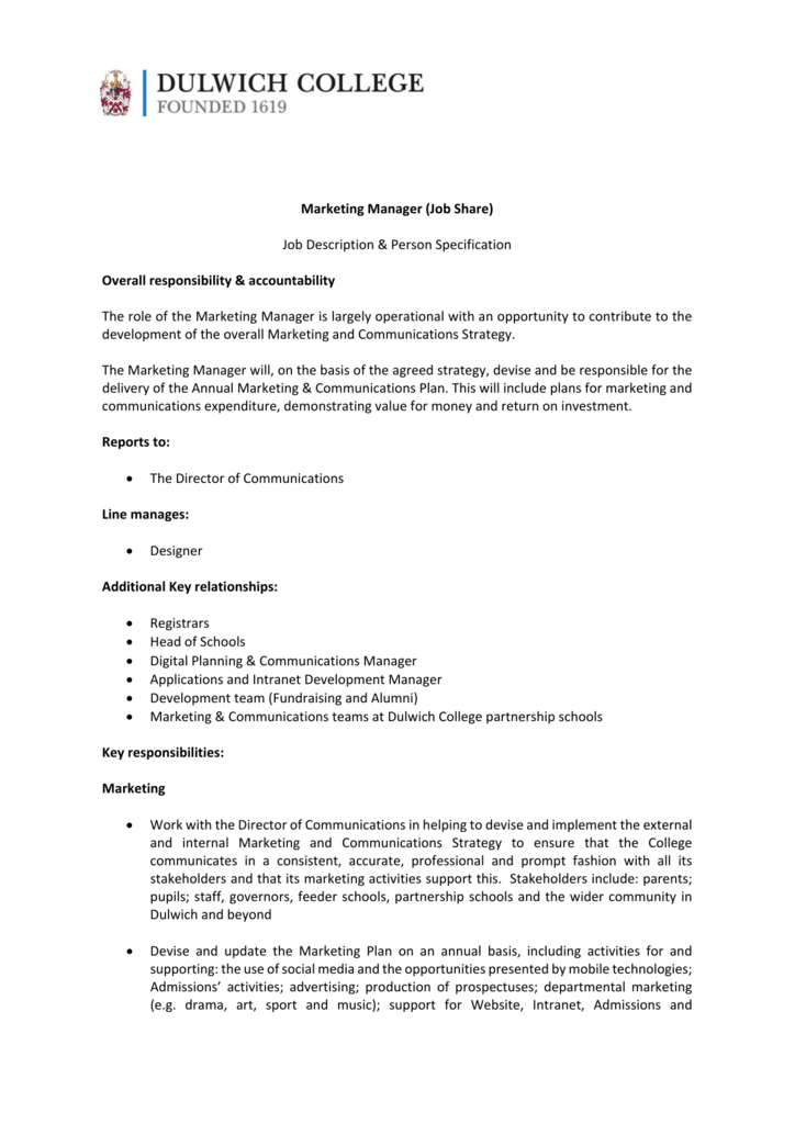 Job Description And Job Specification Of Marketing Manager Pdf