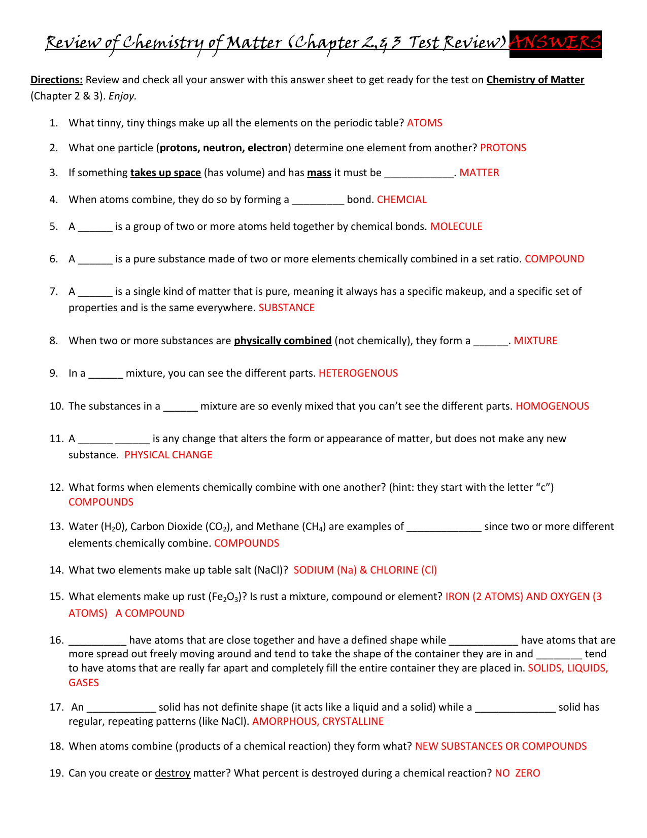 Chapter 2 Matter And Change Worksheet Answers