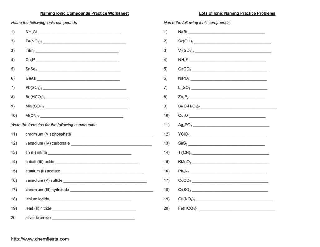 http://www.chemfiesta.com Within Naming Ionic Compounds Worksheet Answers
