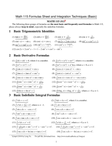 1 Basic Trigonometric Identities 2 Basic Derivative Formulas 3 Basic