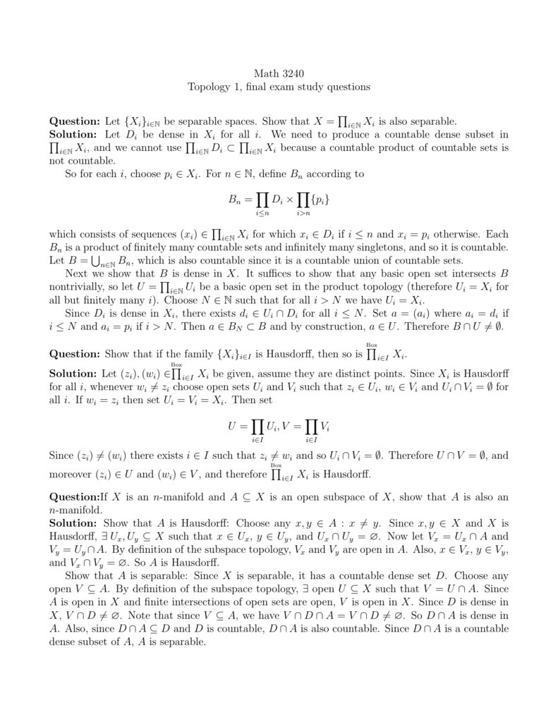 Math 3240 Topology 1 Final Exam Study Questions Question Let X I