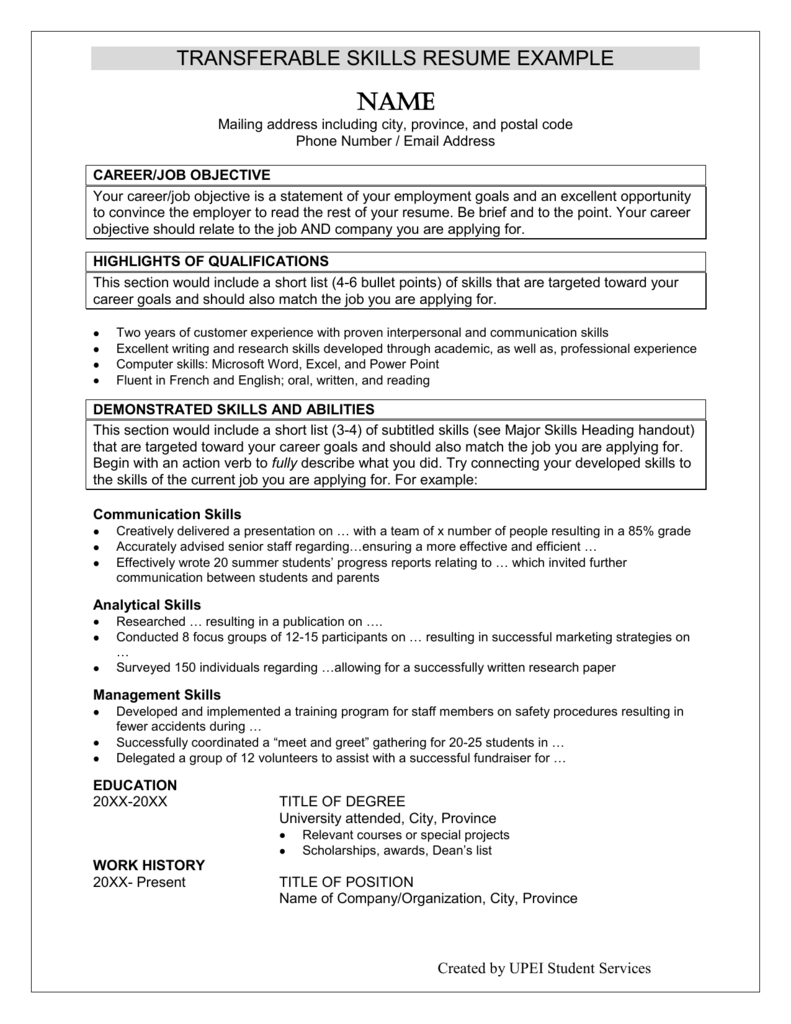 TRANSFERABLE SKILLS RESUME EXAMPLE