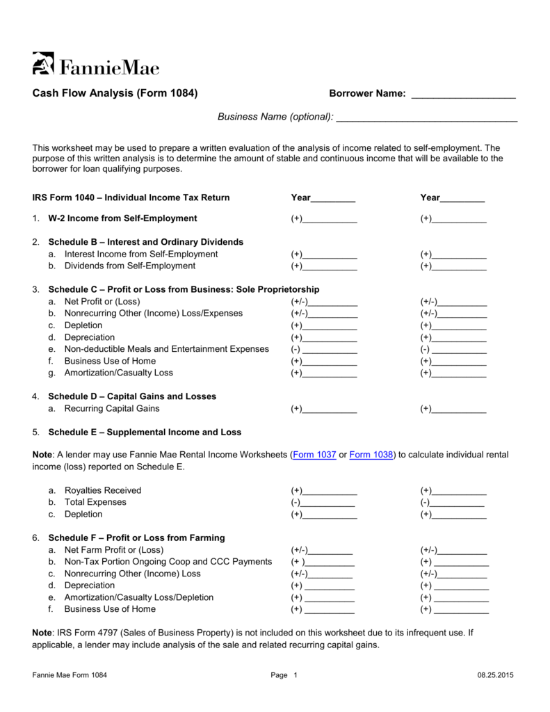 Fannie Mae Cash Flow Analysis Worksheet - Printable Worksheet
