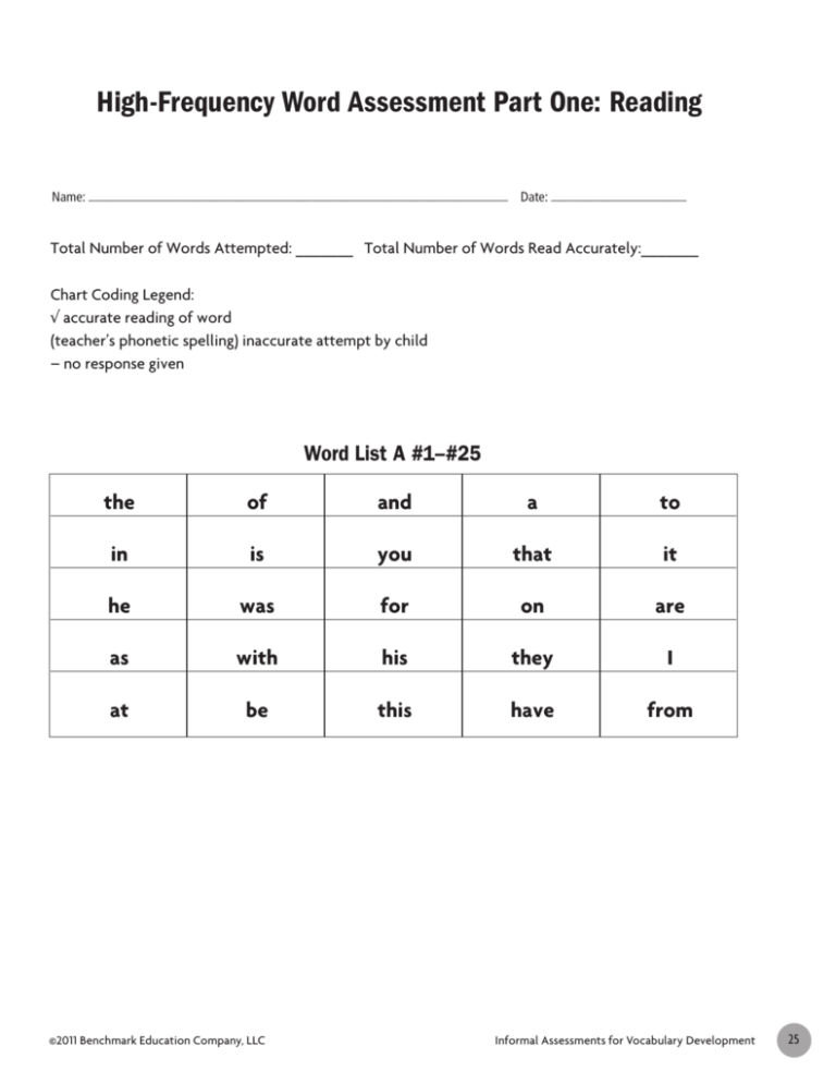 High Frequency Word Assessment Part One Reading