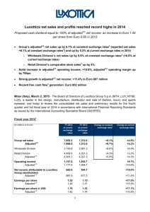 Luxottica net sales and profits reached record highs in 2014