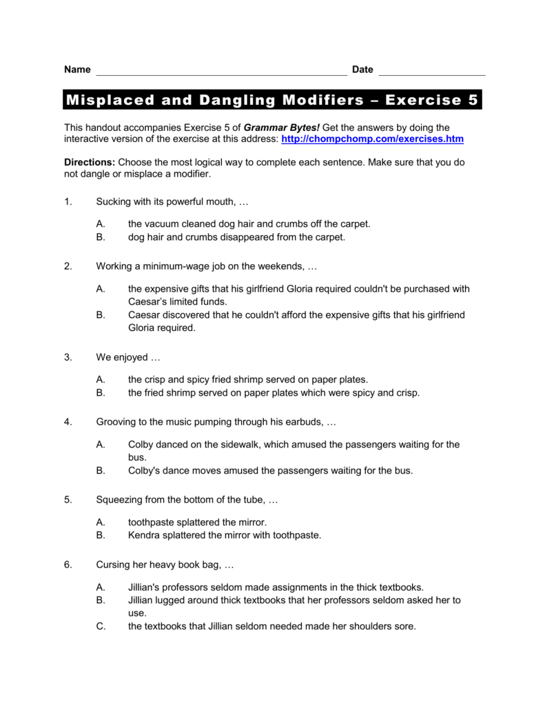 Misplaced And Dangling Modifiers Exercise 5
