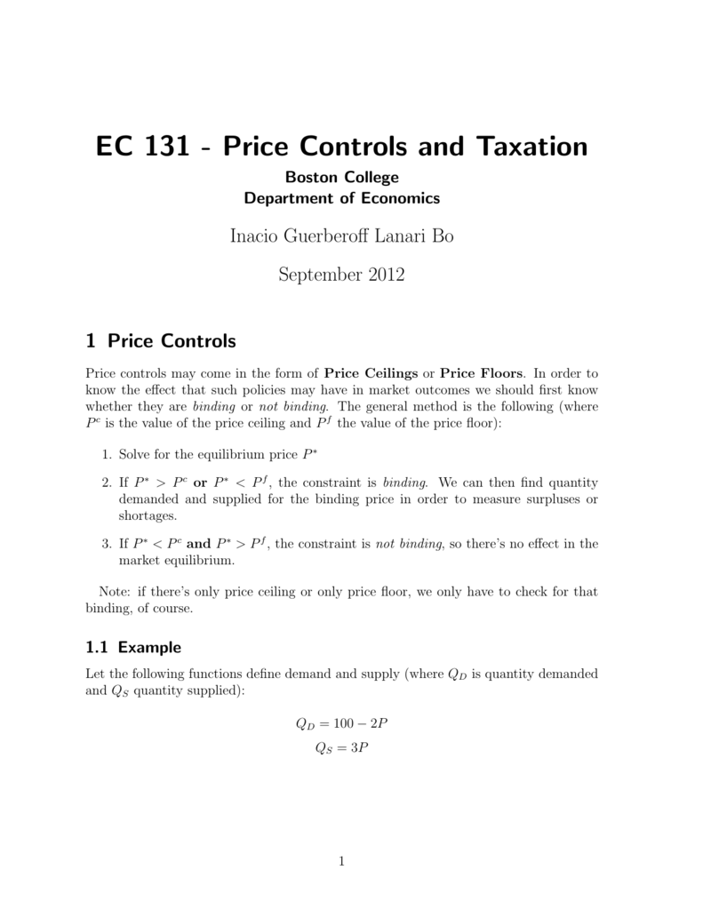 Ec 131 Price Controls And Taxation