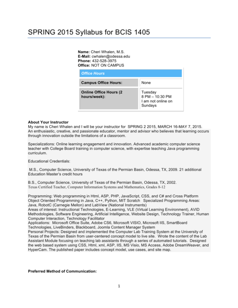 SPRING 2015 Syllabus For BCIS 1405