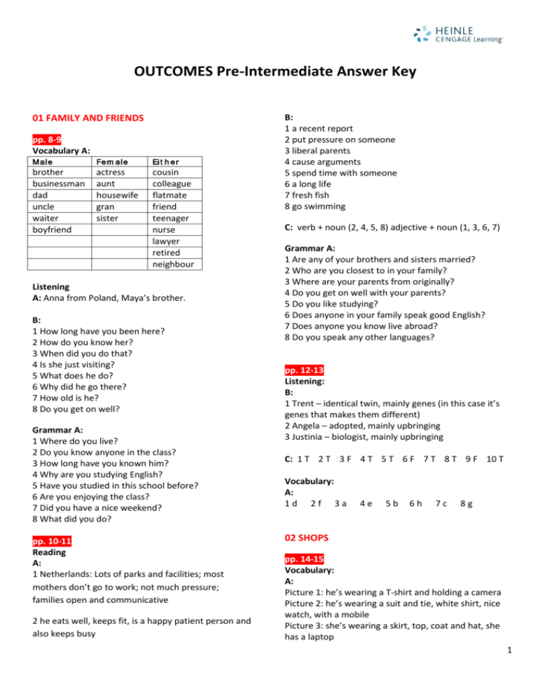 Outcomes Pre Intermediate Answer Key