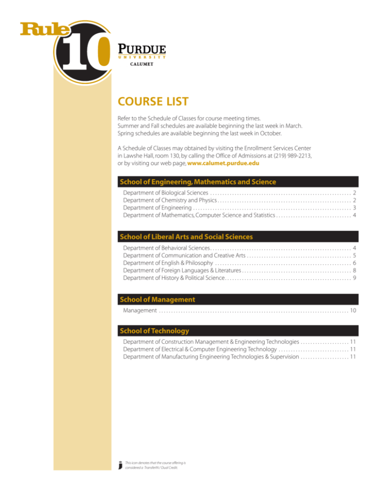 course list Purdue University Calumet