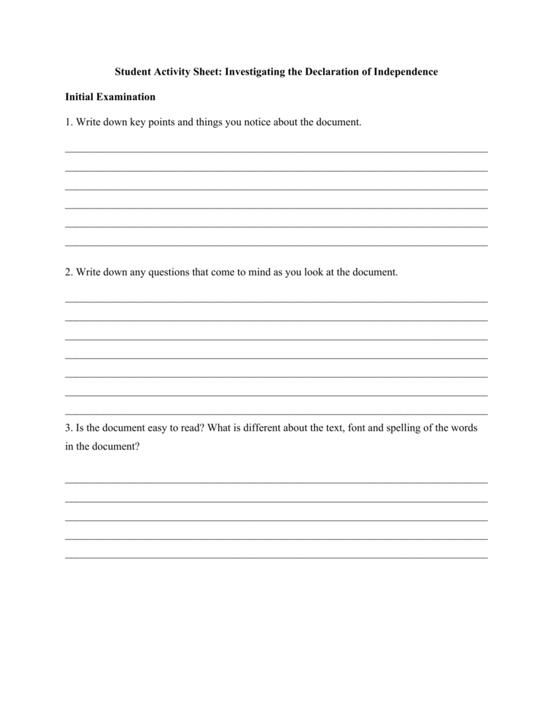 Student Activity Sheet: Investigating the Declaration of For Declaration Of Independence Worksheet Answers