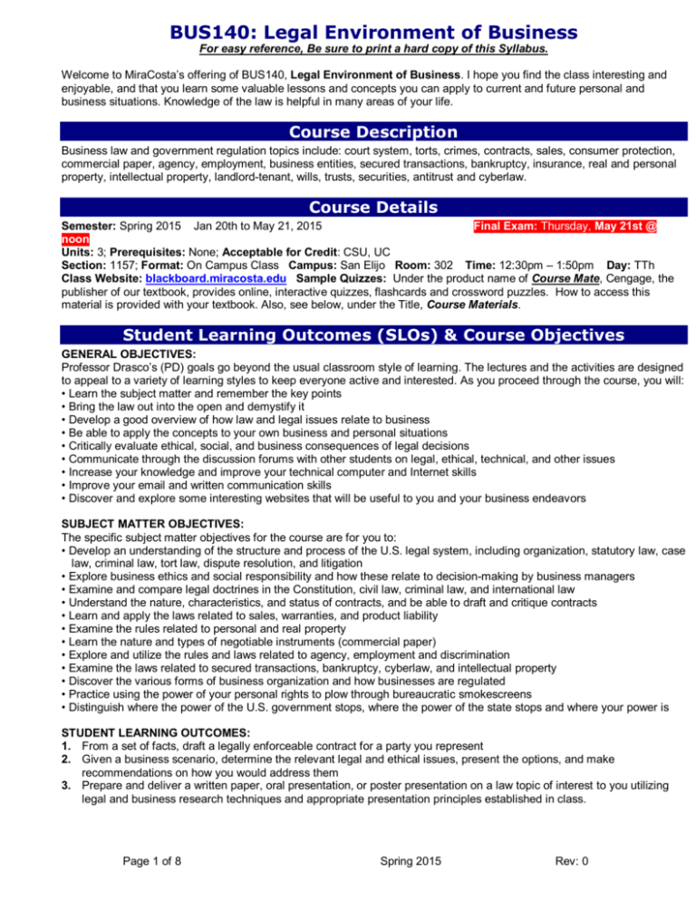 BUS 140 Legal Environment Of Business