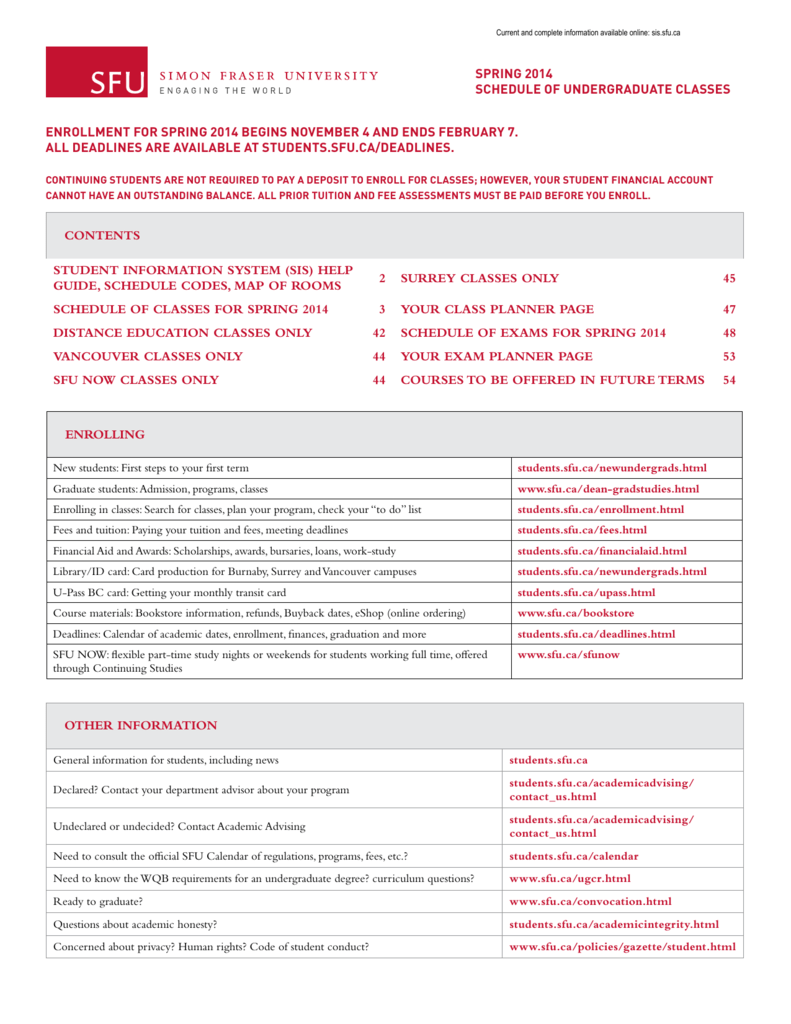 SFU schedule of Spring 2014 classes