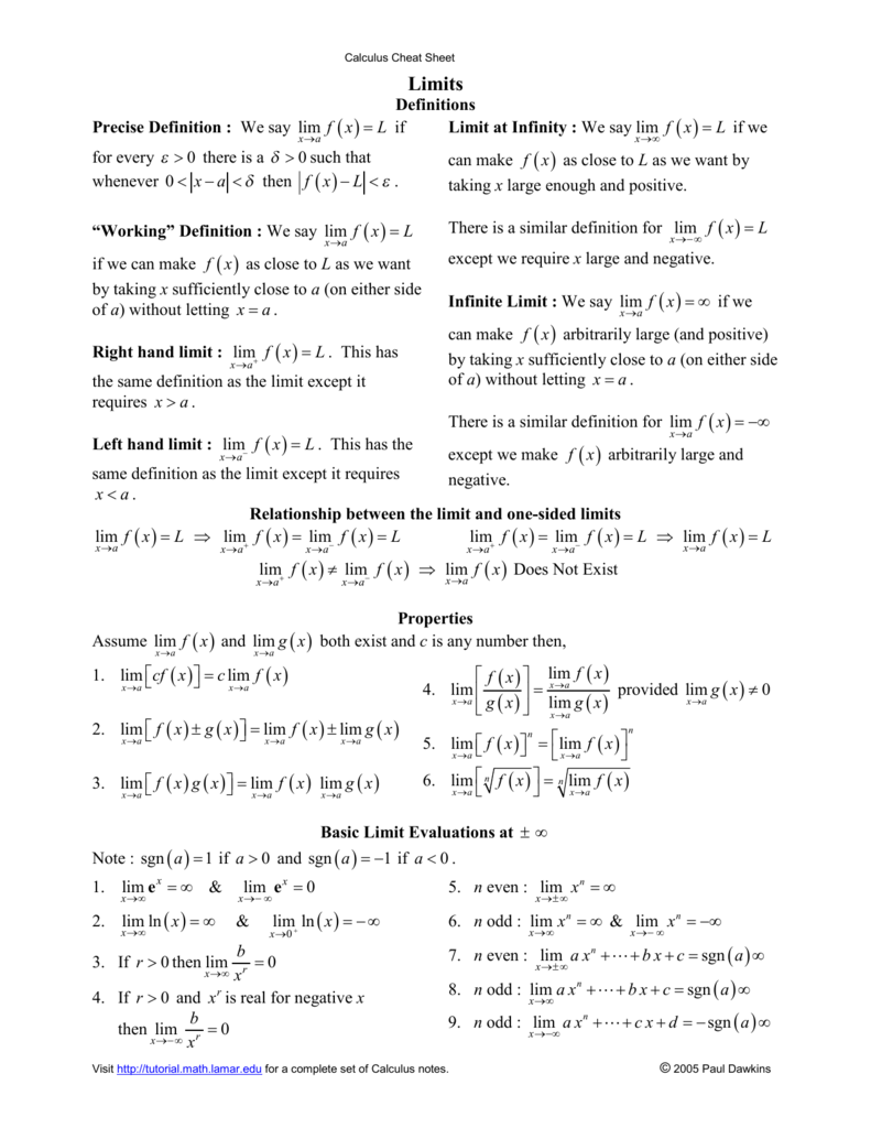 Calculus Limits Cheat Sheet