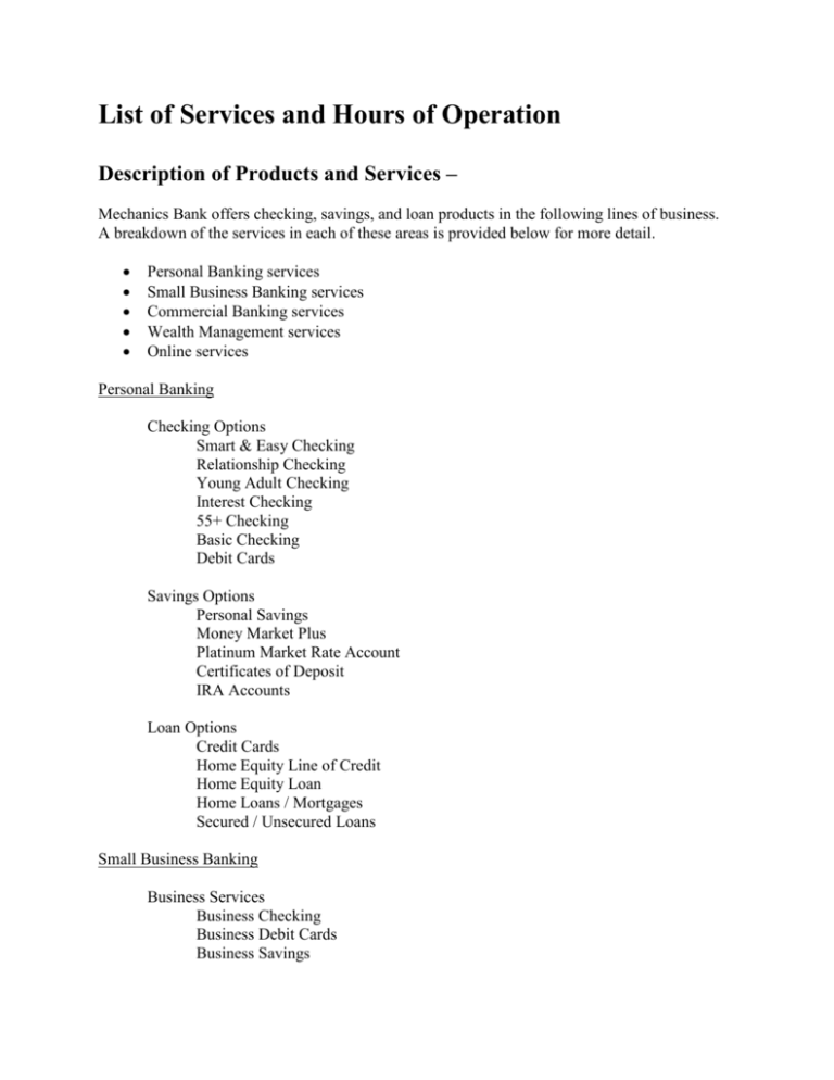 List Of Services And Hours Of Operation