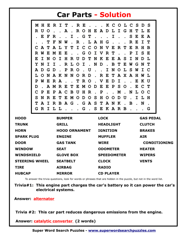 Car Parts Solution Word Search Puzzles