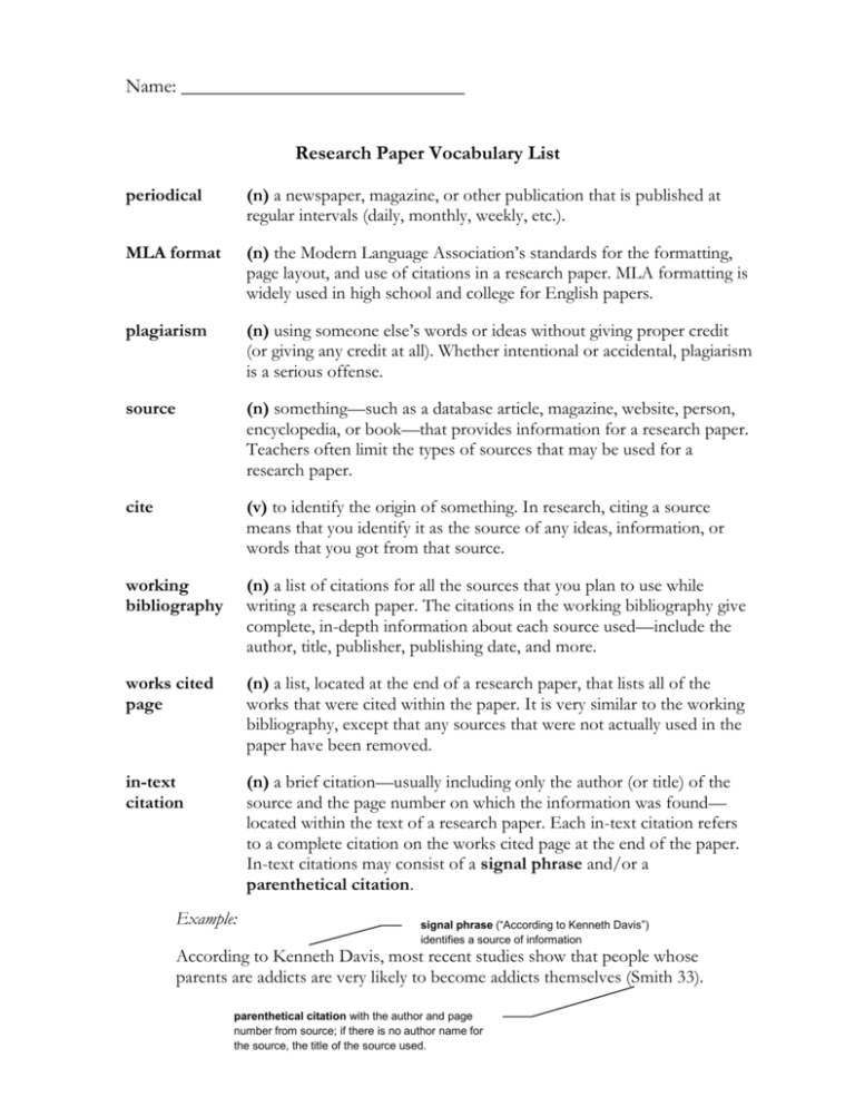 research paper vocabulary pdf