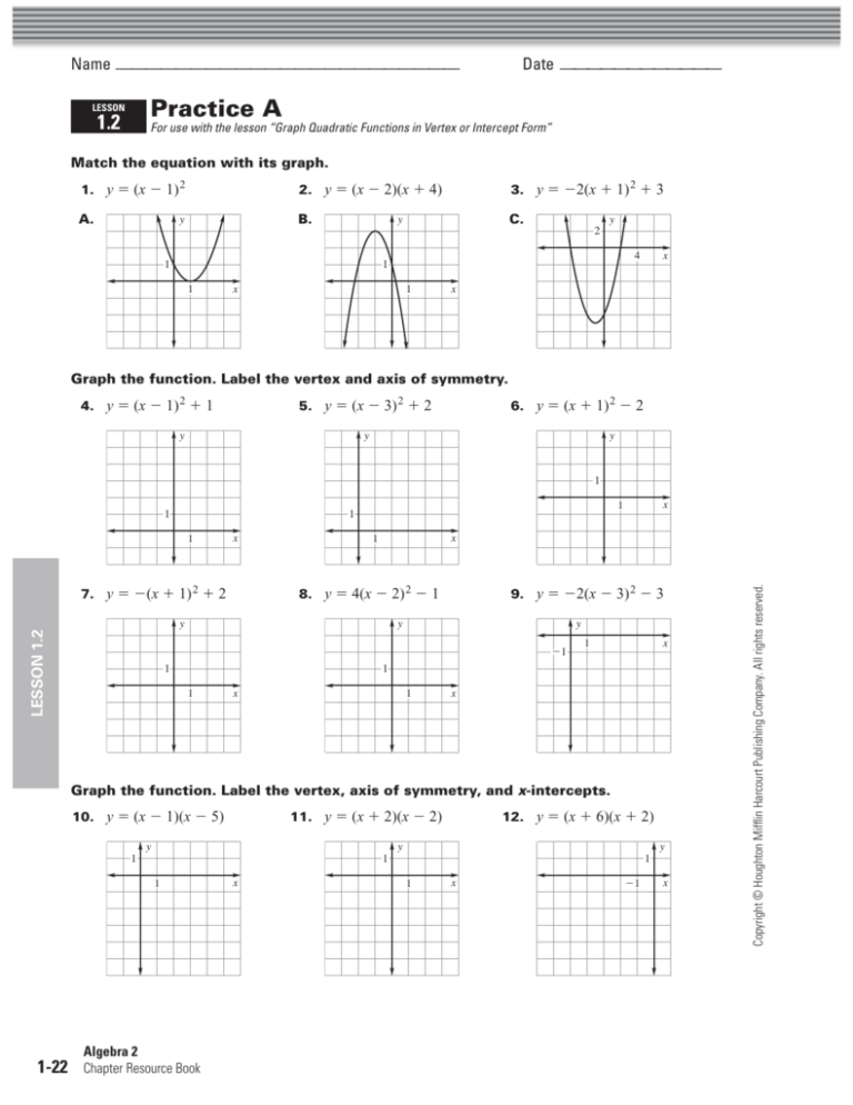 Practice 1 2 Graphing In Vertex Form And Intercept Form