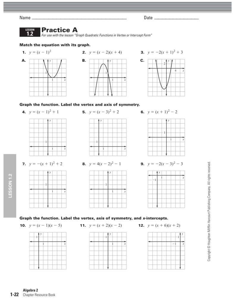 Practice 2222.22 graphing in vertex form and intercept form Intended For Graphing Quadratic Functions Worksheet Answers