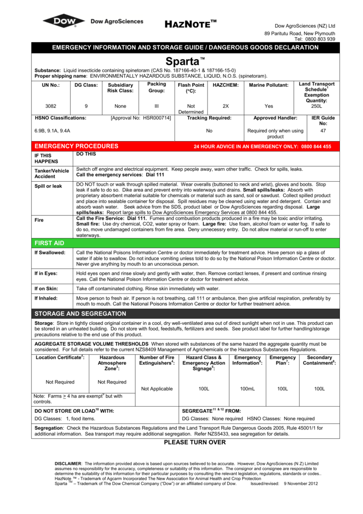 Sparta Haznote Dow Agrosciences