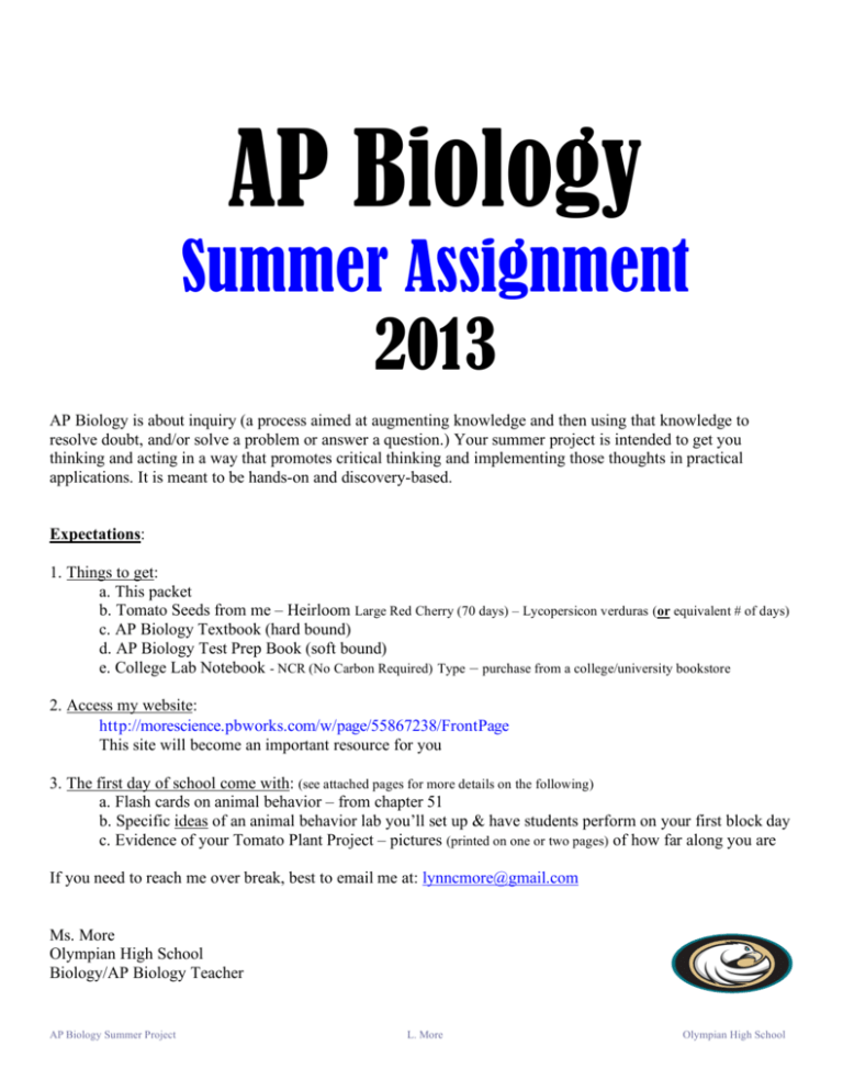 AP Biology Summer Assignment