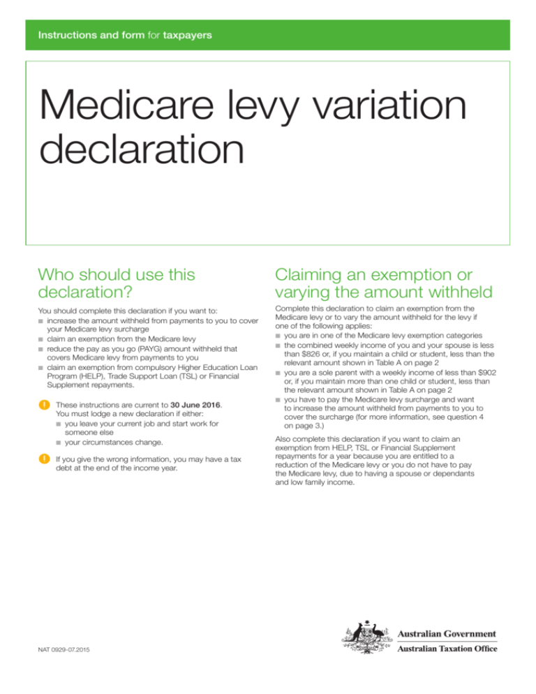 Medicare Levy Variation Declaration