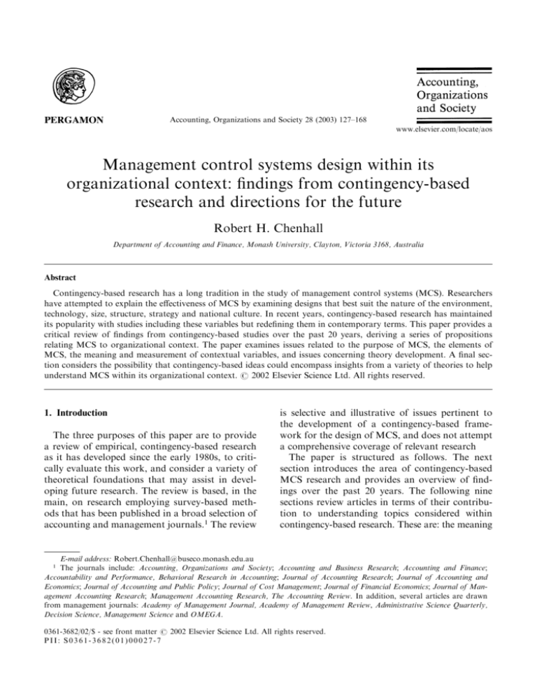 Management Control Systems Design Within Its Organizational