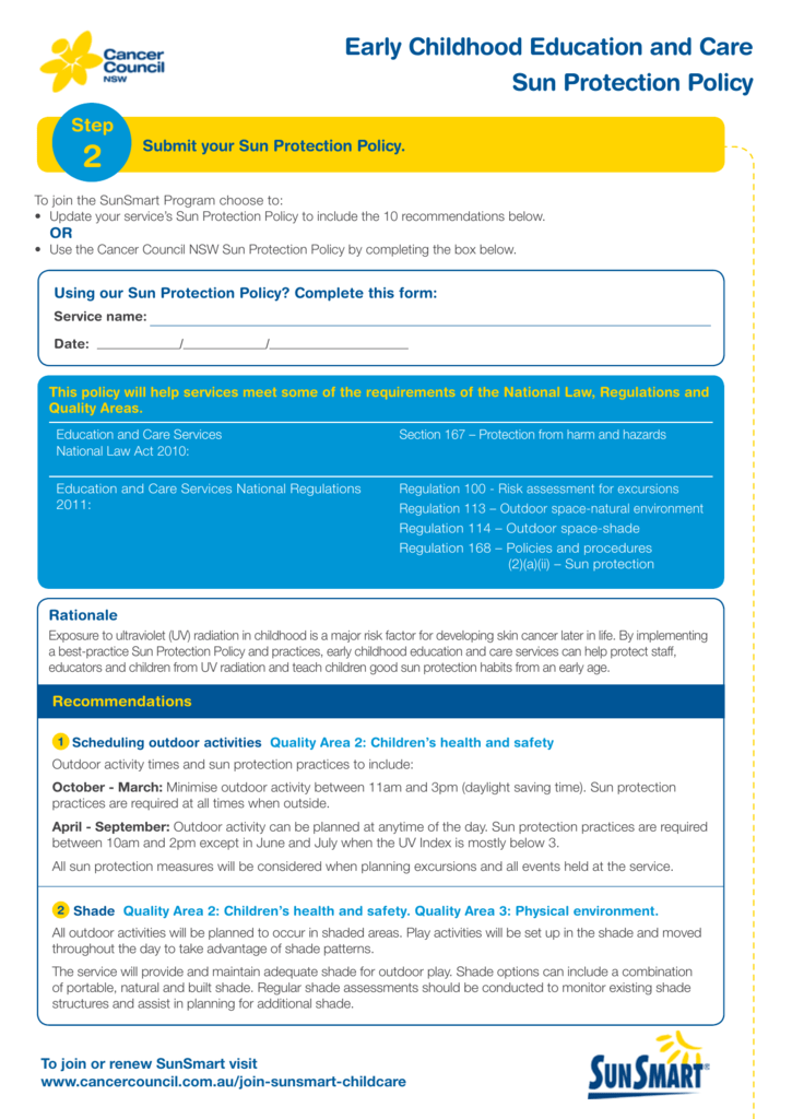 Early Childhood Education and Care Sun Protection Policy