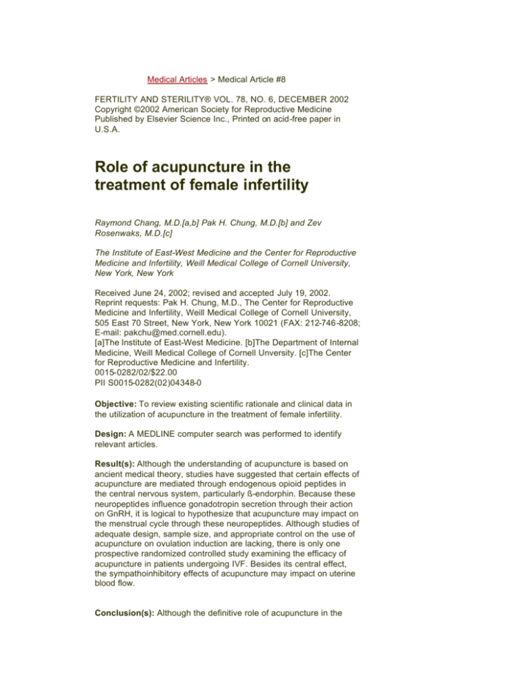 Role of acupuncture in the treatment of female infertility