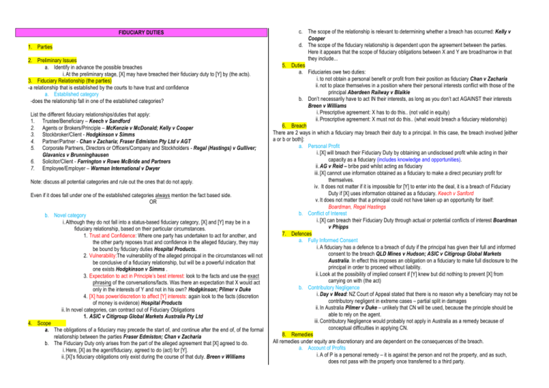 FIDUCIARY DUTIES 1. Parties 2. Preliminary Issues a. Identify in