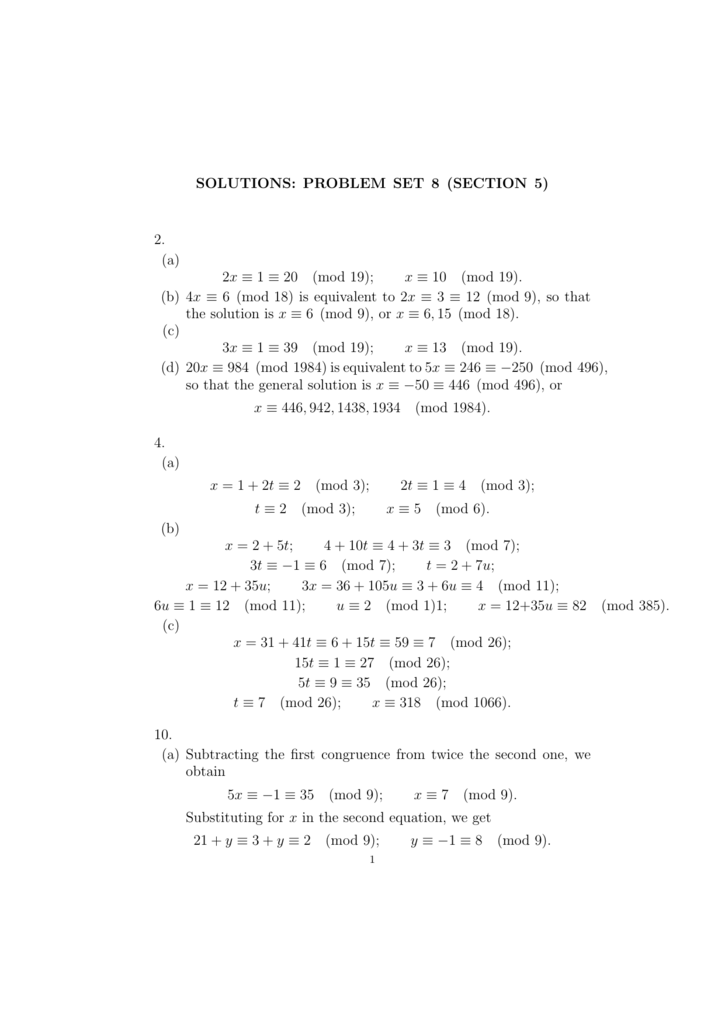 SOLUTIONS: PROBLEM SET 8 (SECTION 5) 2. (a) 2x ≡ 1 ≡ 20