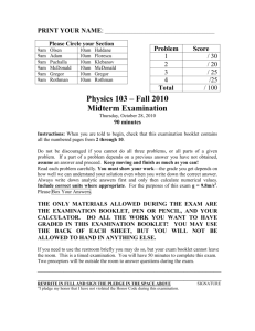 Physics 103 – Fall 2010 Midterm Examination