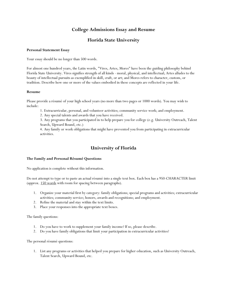 College Admissions Essay and Resume Florida State University