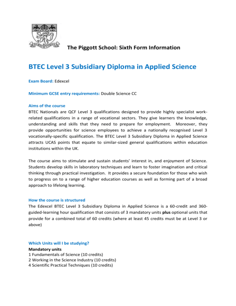 btec applied science level 3 unit 2 assignment d example