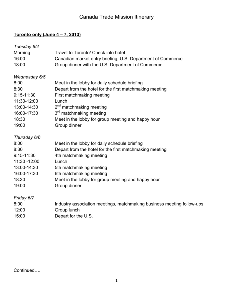 Canada Trade Mission Itinerary